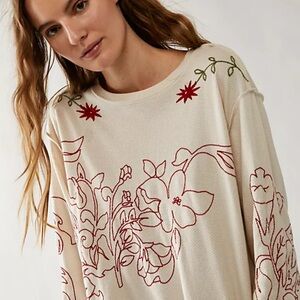 Free People Cream Long Sleeve Tee with Red Floral Design
